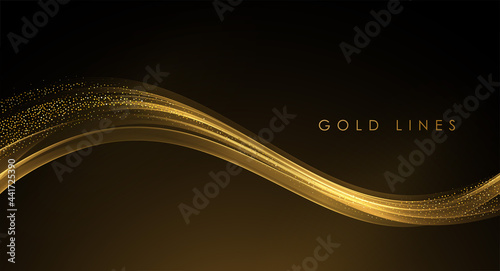 Abstract Gold Waves. Shiny golden moving lines design element with glitter effect on dark background for greeting card and disqount voucher.