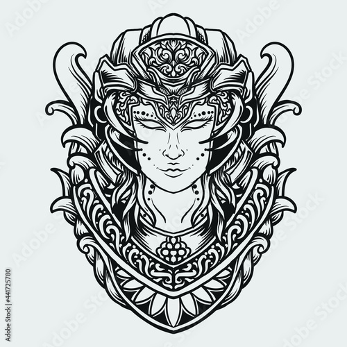 tattoo and t shirt design black and white hand drawn alien women engraving ornament