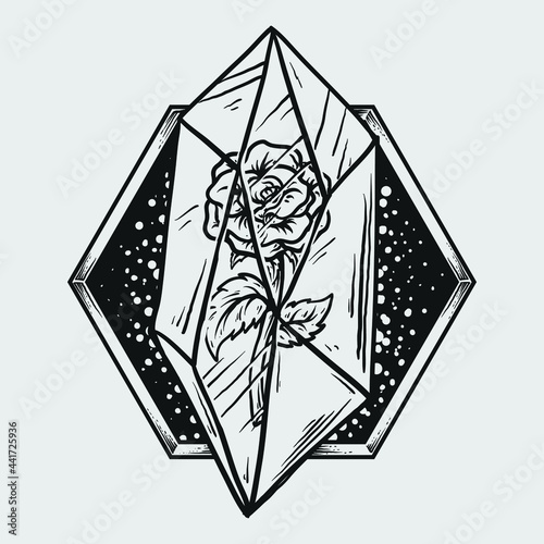 tattoo and t shirt design black and white hand drawn rose in crystal stone