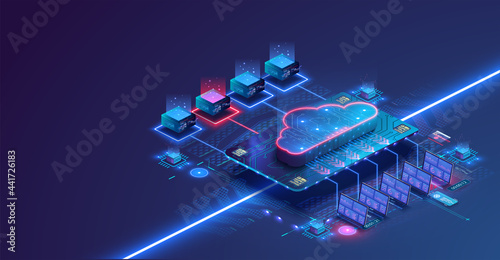 Data center isometric concept. Server room with hardware racks or web hosting infrastructure. Blue web banner. Concept of big data storage and cloud computing technology. 3d Vector illustration photo