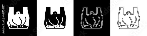 Set Say no to plastic bags poster icon isolated on black and white background. Disposable cellophane and polythene package prohibition sign. Vector