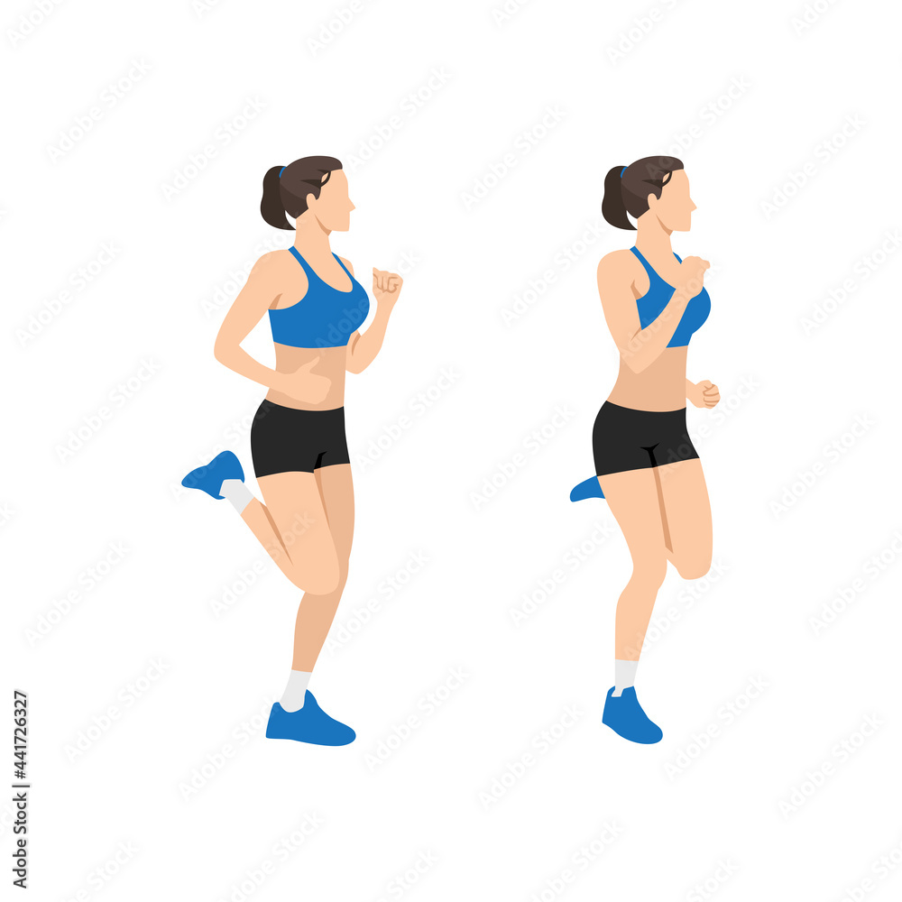 Woman doing Butt kicks exercise. Flat vector illustration isolated on white background 