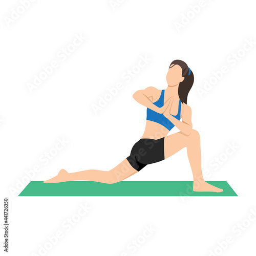 Woman doing Parivrtta Anjaneyasana. Revolved lunge pose. High lunge twist exercise. Flat vector illustration isolated on white background 
