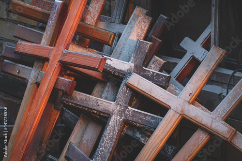 stack of wooden christian crosses.