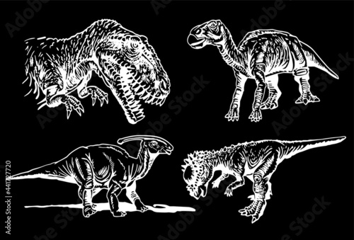 Graphical paleontological collection, hand-drawn dinosaurs isolated on  black background	