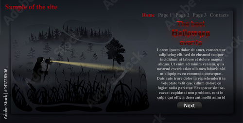 Sample of one page website related to celebration of Halloween event. Template with text and information for your events promotion. Vector illustration with dark wanderer with scull forest at night.