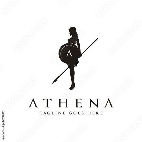 Silhouette of Athena Minerva with Shield and Spear, The Beauty Greek Roman Goddess Logo Design photo