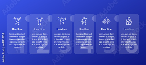 Gym training and workout, 6 steps infographics with fitness line icons