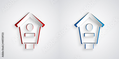 Paper cut Bird house icon isolated on grey background. Nesting box birdhouse, homemade building for birds. Paper art style. Vector