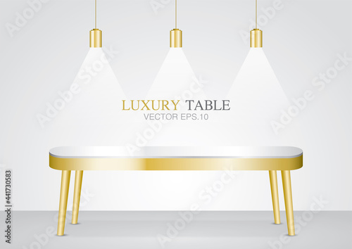 luxury minimal gold table 3d illustration vector with luminous lamp scene for putting your elegent object