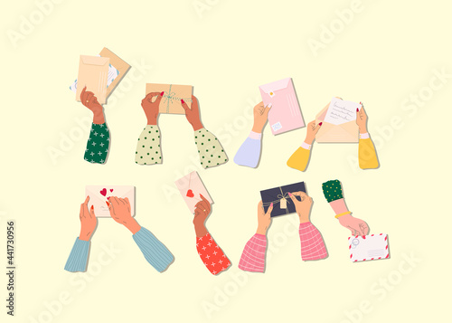 Set of hands hold envelopes. Variety of isolated vector hands holding postcards and envelopes. Trendy hand drawn illustration for banner, greeting card . Mail delivery and post office