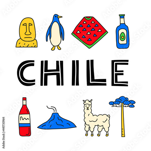 Poster with lettering and doodle colored Chile icons.
