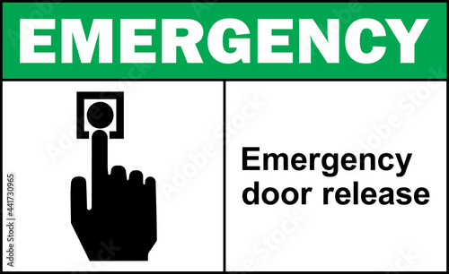 Emergency door release sign. Fire safety signs and symbols. photo