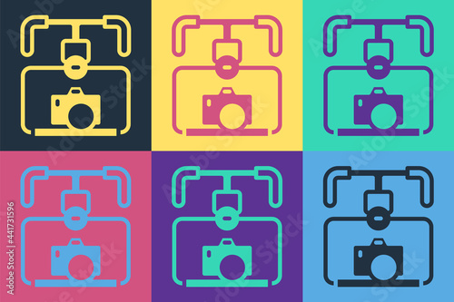 Pop art Gimbal stabilizer with DSLR camera icon isolated on color background. Vector