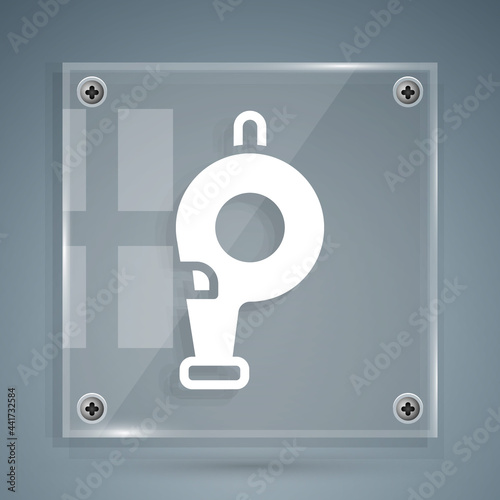 White Whistle icon isolated on grey background. Referee symbol. Fitness and sport sign. Square glass panels. Vector
