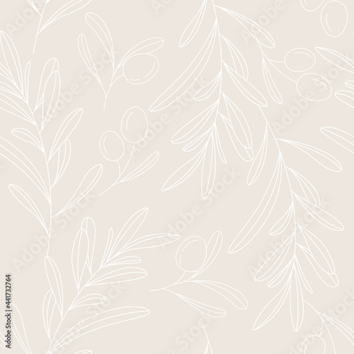 Seamless pattern with olives on branch. Modern floral Background with abstract forms.