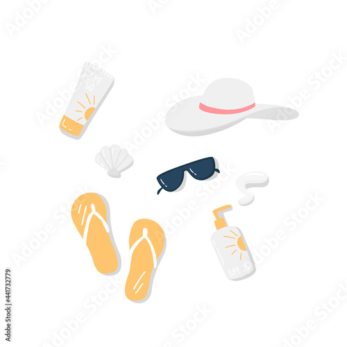 Sun protection set. Sunscreen SPF 25, SPF 50 Cream. Vector illustration of sun protection cosmetic products: oil, cream, sunblock lotion. Concept of summer holiday. Sunblock lotion.