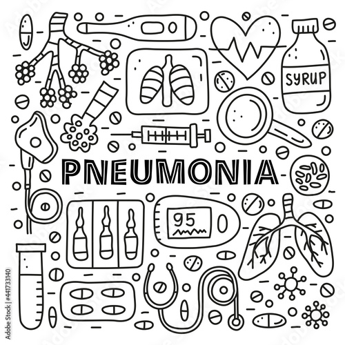 Poster with lettering and doodle outline pneumonia icons .