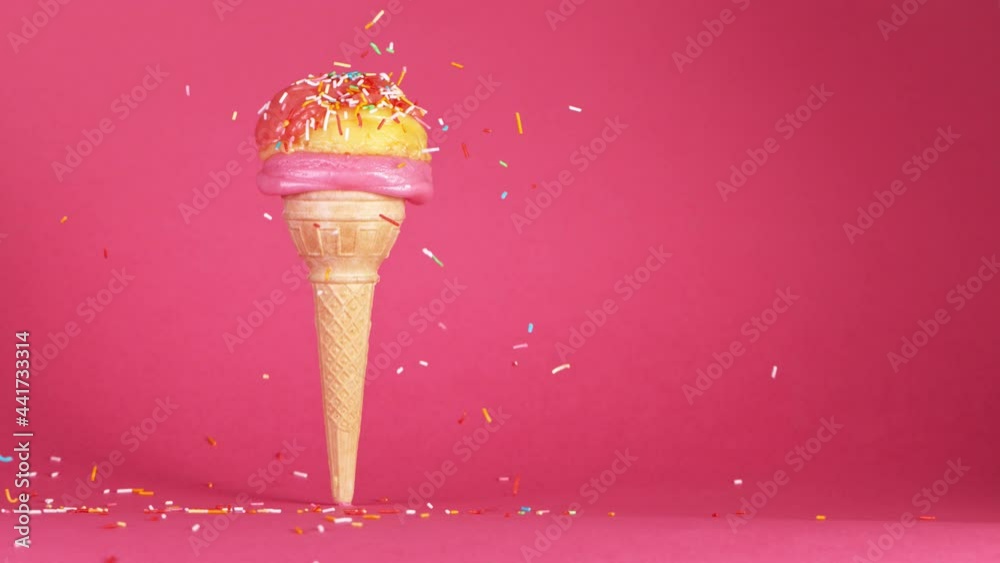 Super slow motion of tasty ice cream in waffles in cone,colored sprinkles falling down, pink background. Filmed on high speed cinematic camera at 1000 fps.