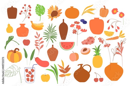 Set of summer, autumn plants, leaves, vases, pots, flowers, food. Design elements