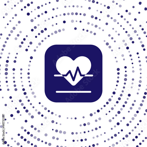 Blue Heart rate icon isolated on white background. Heartbeat sign. Heart pulse icon. Cardiogram icon. Abstract circle random dots. Vector