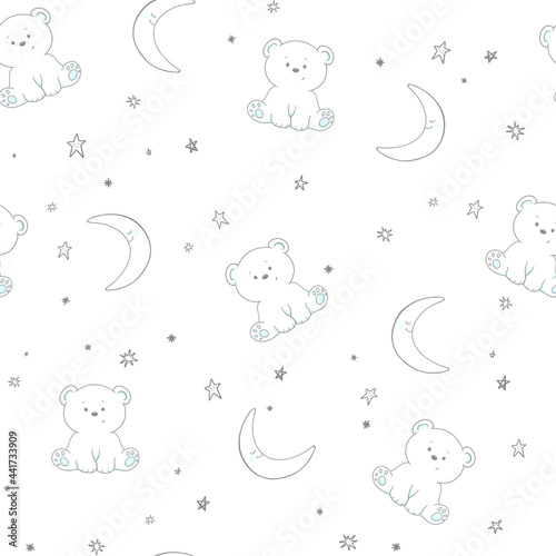 seamless pattern for baby fabric, cute bears, moon and stars in gray on a white blue grey background