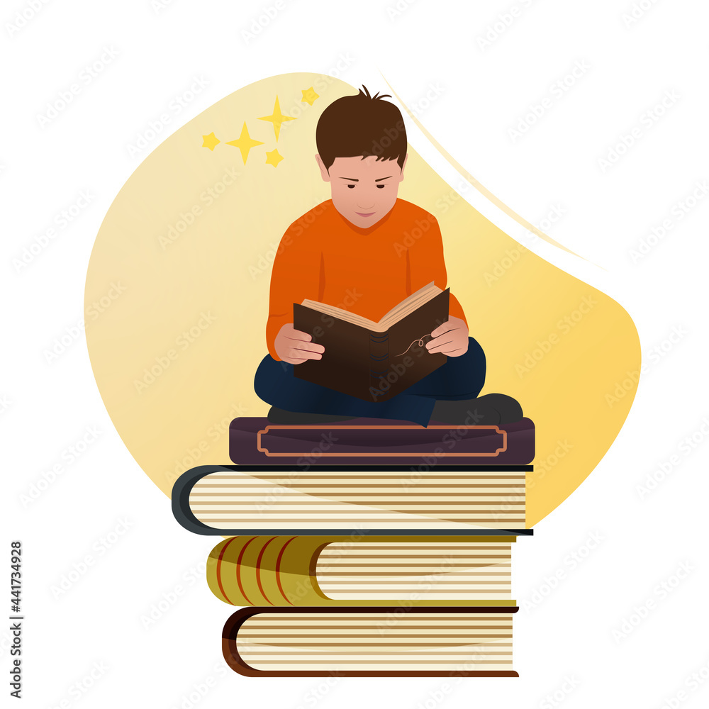 Happy boy sitting on stack of books and reading an old storybook vector illustration. Cartoon flat character in modern colors.