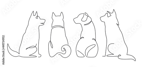 Continuous One Line Drawing of sitting dog from back. Hand drawn illustration, back view set of dog outline icons. Cute pets
