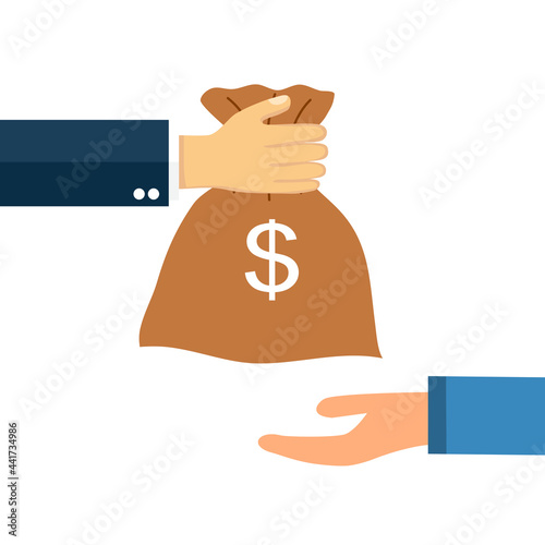 Hands giving a bag of money to another hand in flat design. Return on investment. Money donation. Funding for charity or business. Paying debt. Buying things.