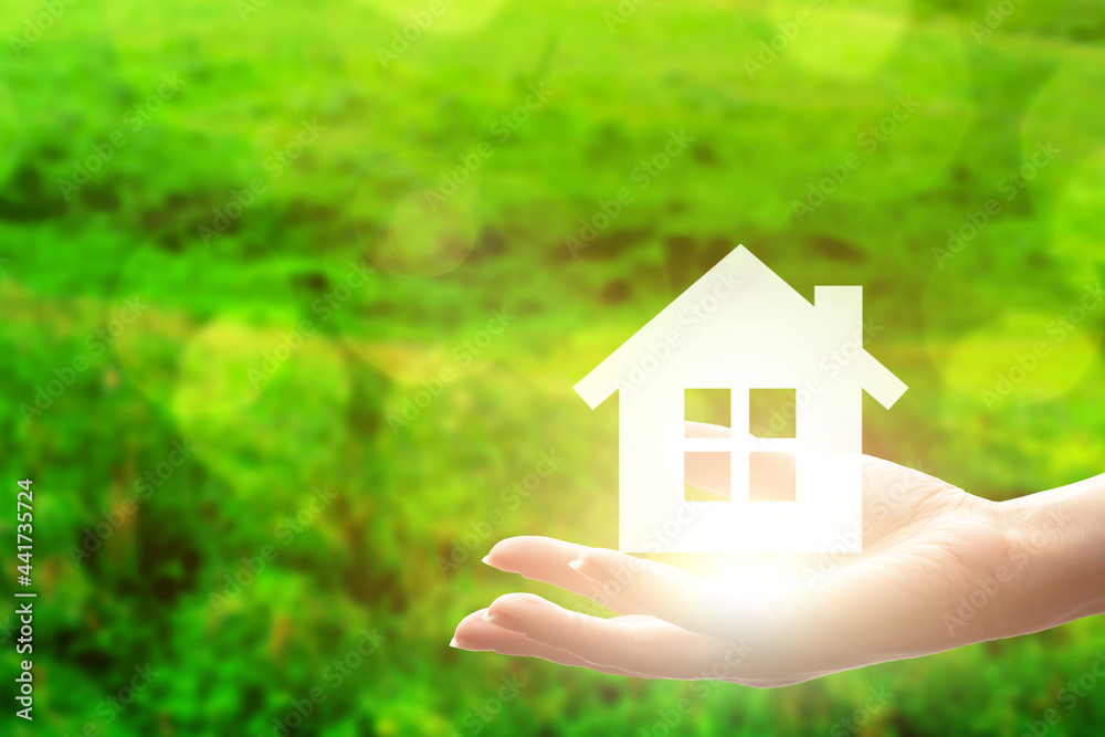 real estate deal, service and security offer, buy and rental concept, investment in building, house icon in hand