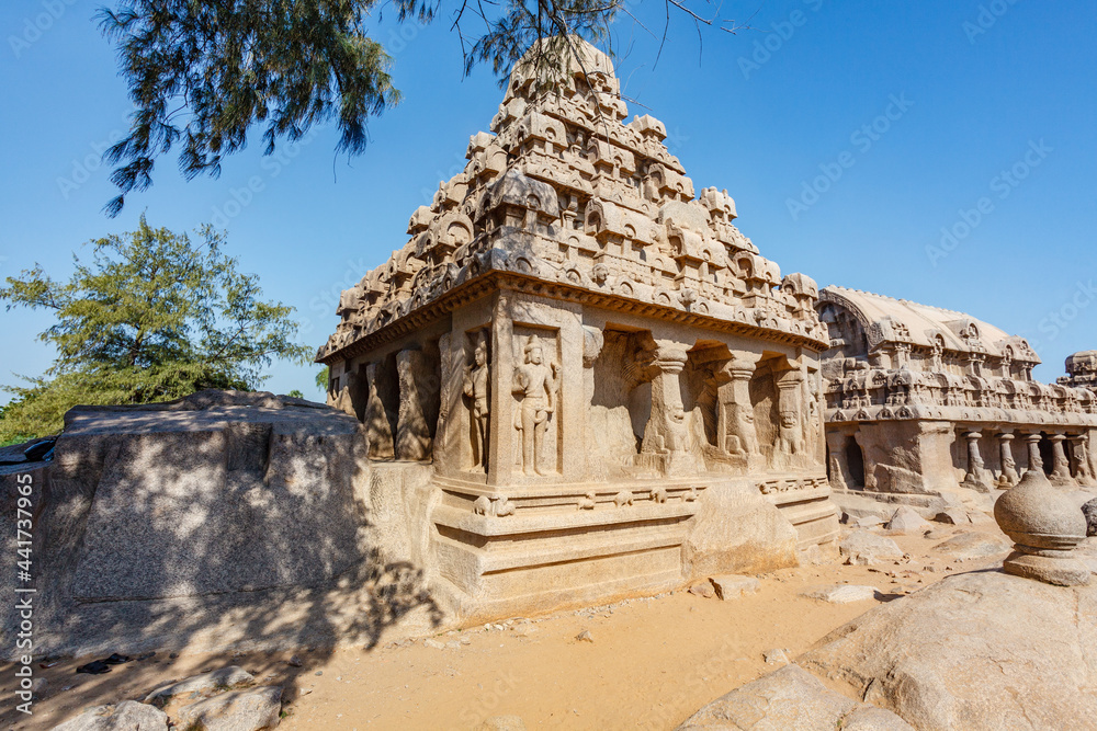Pancha Rathas (Five Rathas) of Mamallapuram, an Unesco World Heritage Site in Tamil Nadu, South India