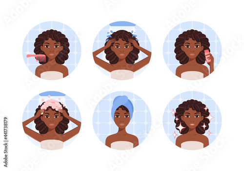 Hair care for African American curls. A black woman washes, massages her head, uses cosmetics, a towel.The girl in the shower is doing various procedures. Cartoon flat color style. Vector.