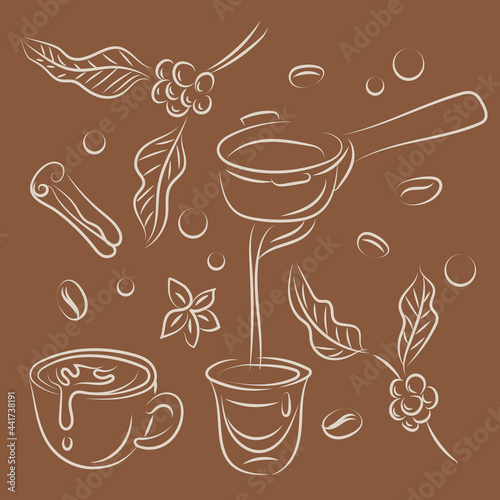 Set drinks. Coffee, cappuccino and coffee beans. Simple linear drawing background.