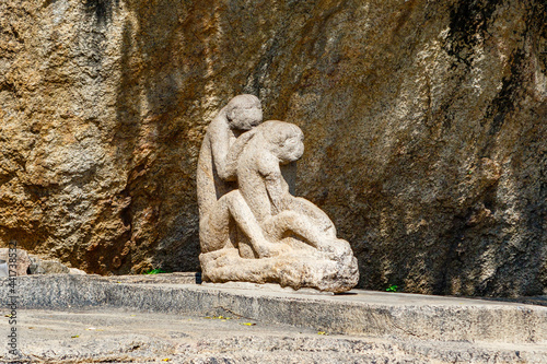 Statue of flea monkeys - Arjuna s Penance in  Mamallapuram  an Unesco World Heritage Site in Tamil Nadu  South India  Asia