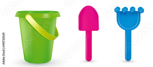Set of buckets and dustpan mockup  Colorful children toy isolated on white background. Beach games. Summer vacation.