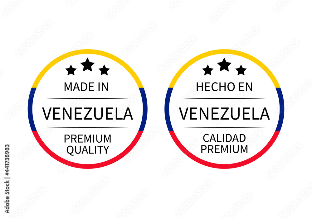 Made in Venezuela round labels in English and in Spanish languages. Quality mark vector icon. Perfect for logo design, tags, badges, stickers, emblem, product package Made in Venezuela round labels in English and in Spanish languages. Quality mark vector icon. Perfect for logo design, tags, badges, stickers, emblem, product package