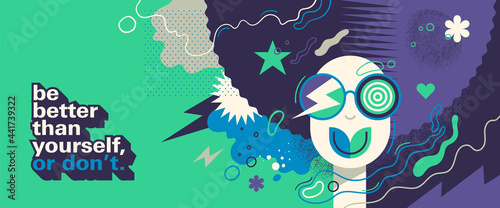 Colorful funky style illustration with abstract shapes and slogan. Vector illustration.