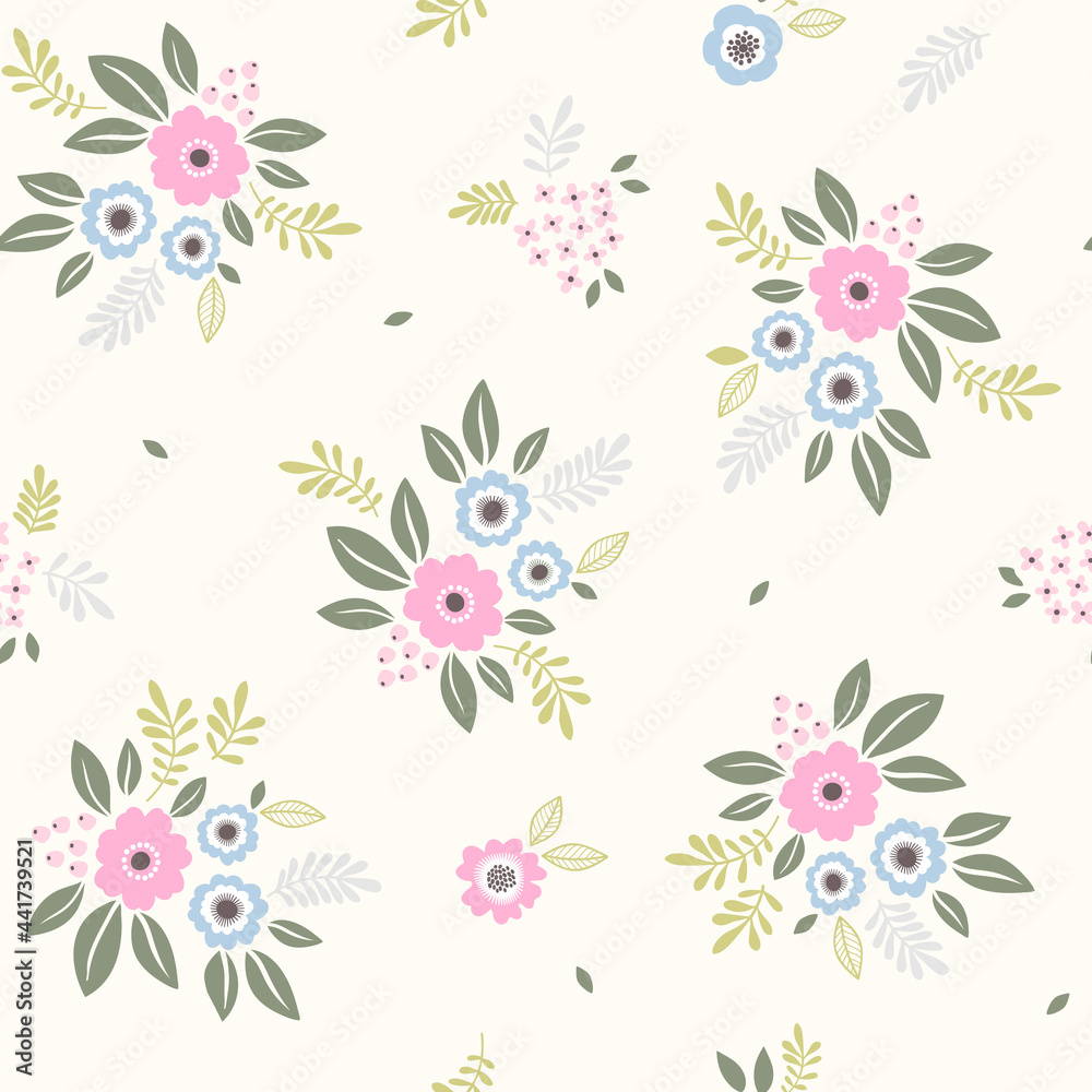 Vintage floral background. Seamless vector pattern for design and fashion prints. Flowers pattern with small pink and pale blue flowers on a white background. Ditsy style.
