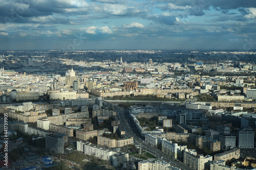 Aerial panoramic top view of Moscow landscape city. Selective focus