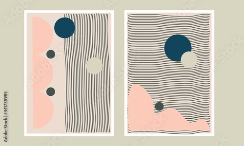 Set two of abstract Geometric mid century modern wall art Geometry wall decor. Minimalist Scandinavian wall decorations. Banner greetings cards invitation poster social media background Wallpaper.