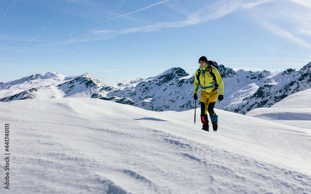Snowy mountain landscape with traveler Snowy mountain landscape with traveler