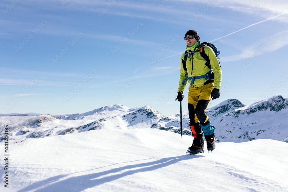 Snowy mountain landscape with traveler Snowy mountain landscape with traveler