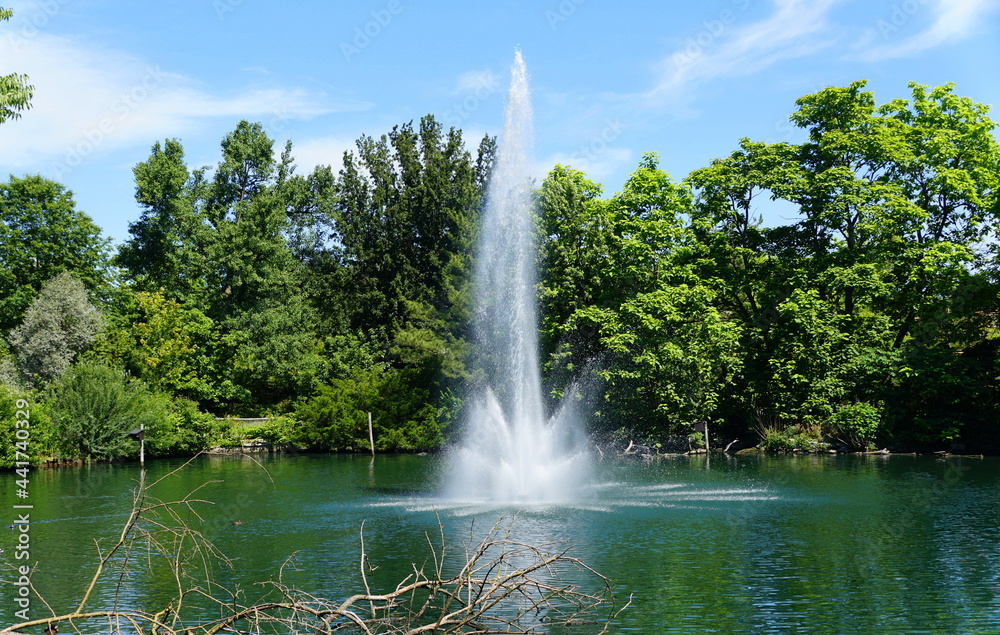 Water fountain at a lake near Cincinnati Zoo, Ohio, U.S.A