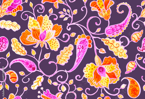 Paisley watercolor floral pattern tile: flowers, flores, tulips, leaves. Oriental indian traditional hand painted water color whimsical seamless print, ceramic design. Abstract india batik background © Natalia