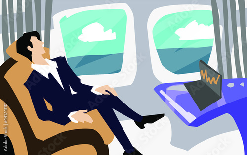 A rich man on a business class plane vector illustration. A businessman is sitting on a plane with a laptop. A successful man is flying to a business meeting. Vector illustration in flat cartoon style