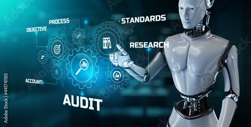 Audit Robotic process automation RPA concept. Robot pressing button on screen 3d render.