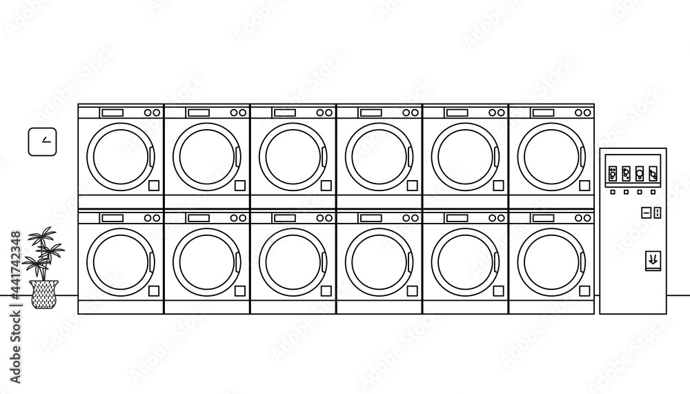 Vetor de Laundry machines in a public laundromat. Vector illustration