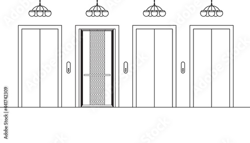 Hallway in hotel lobby with open and closed elevator doors. Vector illustration of room interior concept.