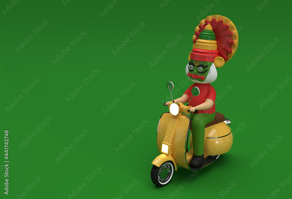 3D Render Kathakali Man Riding Motor Scooter Onam festival of South India Kerala. 3D Render Kathakali Man Riding Motor Scooter Onam festival of South India Kerala.