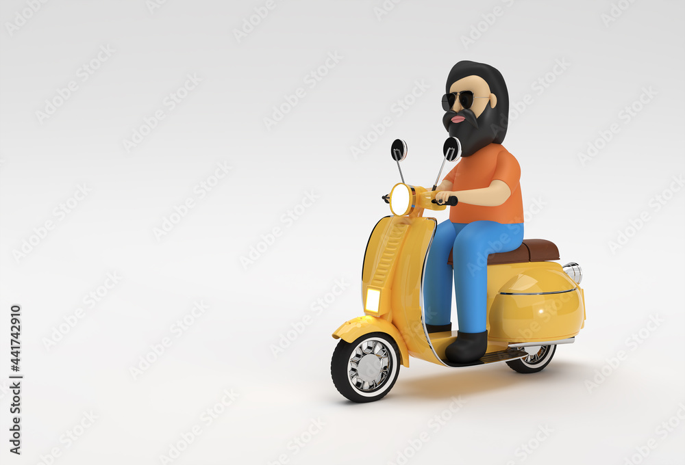 3D Render Man Riding Motor Scooter Side View on a White Background. 3D Render Man Riding Motor Scooter Side View on a White Background.